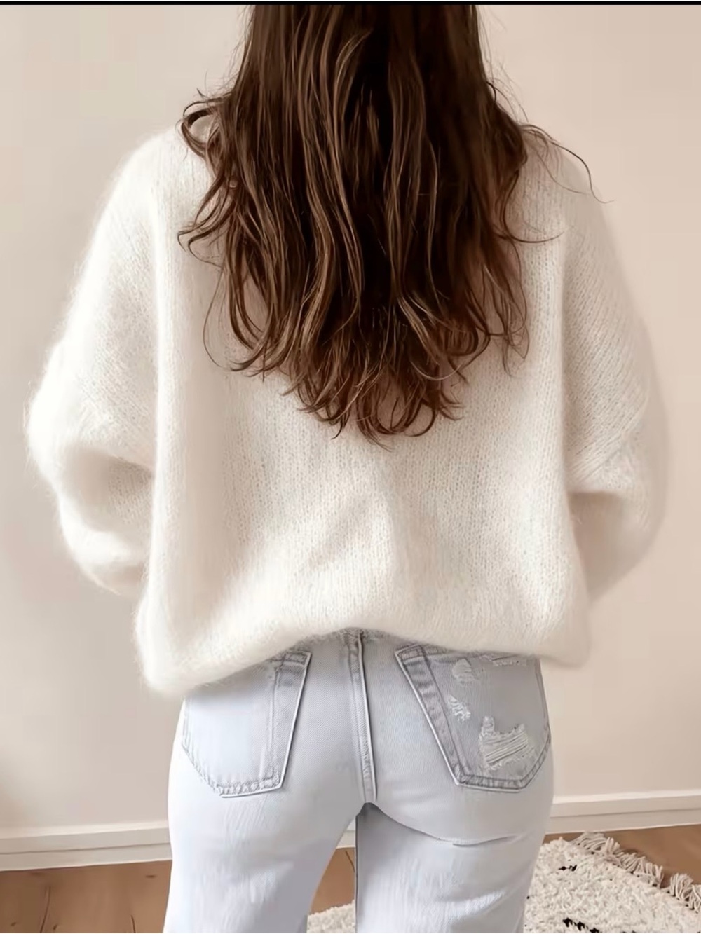 Cozy White Women's Knit Sweater - Soft Fuzzy Pullover